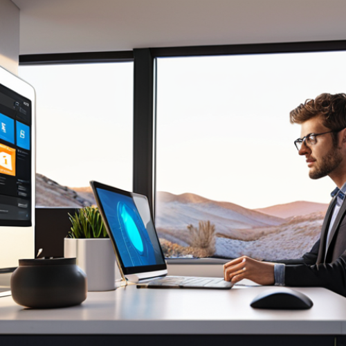 Home 4 **AI Personal Assistant for Work:** An AI personal assistant seamlessly integrates into the workday, streamlining tasks, offering personalized recommendations, and boosting overall productivity. The scene should portray a futuristic, yet comfortable home office setup.